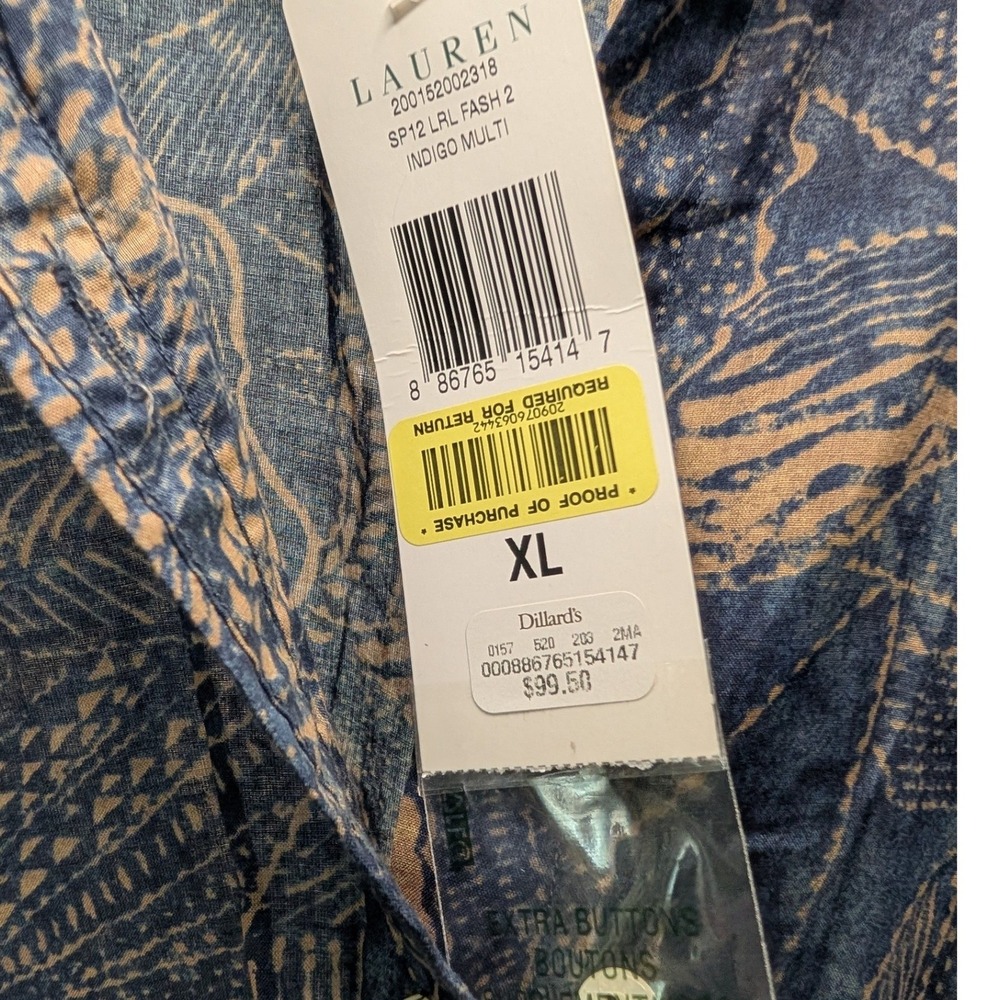 NWT Lauren Ralph Lauren Button Down Indigo Multi Batik Floral Print Shirt - XL - Picture 7 of 9